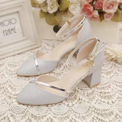 Pointed Thick Open Strappy Textured Covered Heels