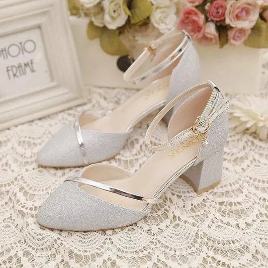 Pointed Thick Open Strappy Textured Covered Heels