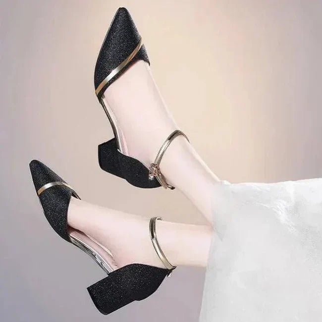 Pointed Thick Open Strappy Textured Covered Heels