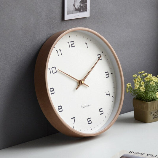 Round Analog Wall Clock with Wood-Finish Frame