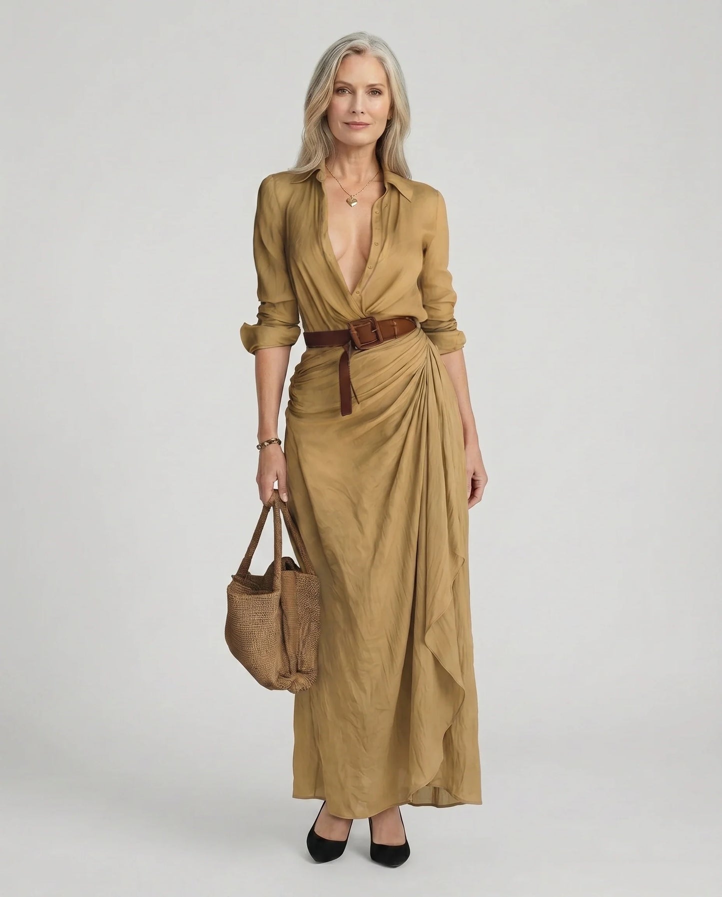 Collared Buttoned Belted Draped Gathered Long Dress