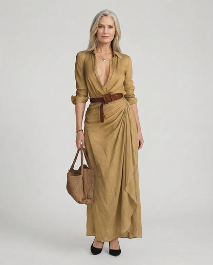 Collared Buttoned Belted Draped Gathered Long Dress