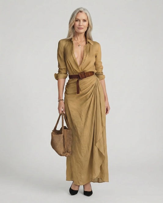 Collared Buttoned Belted Draped Gathered Long Dress