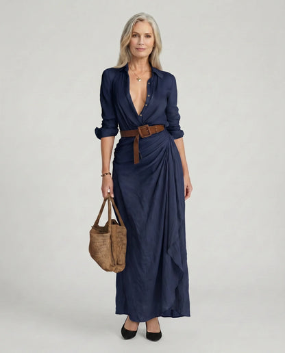Collared Buttoned Belted Draped Gathered Long Dress