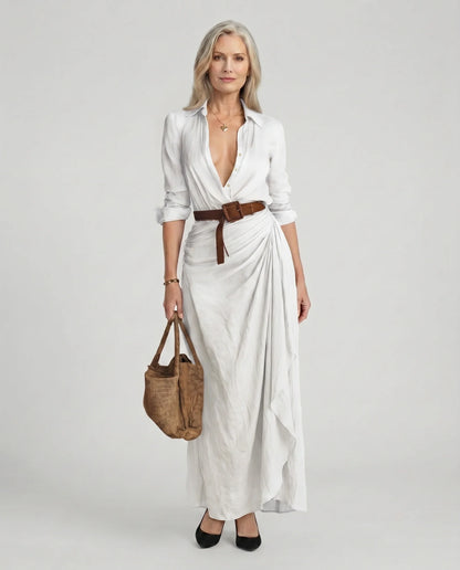 Collared Buttoned Belted Draped Gathered Long Dress