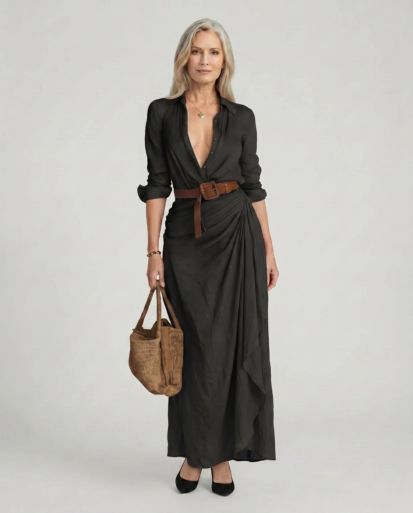 Collared Buttoned Belted Draped Gathered Long Dress