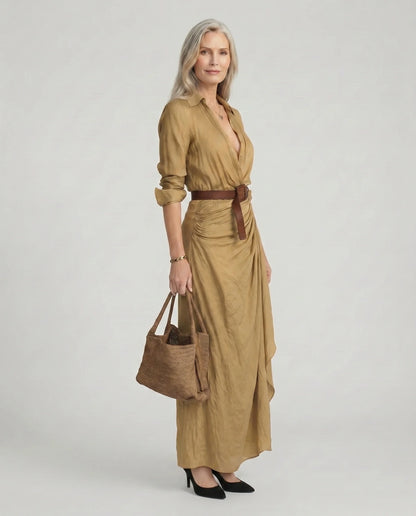 Collared Buttoned Belted Draped Gathered Long Dress