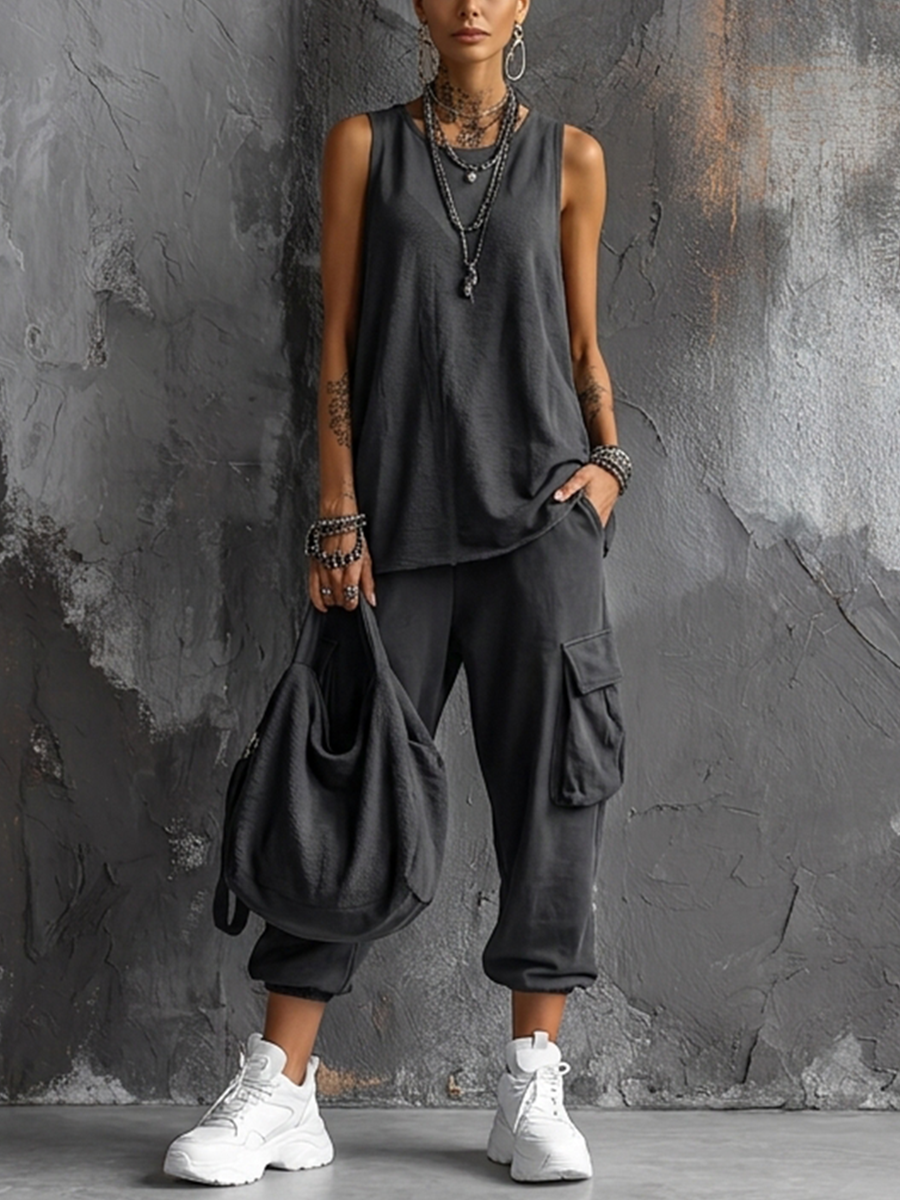 Women's Round Neck Sleeveless Tank Top and Cargo Trousers Loungewear Set