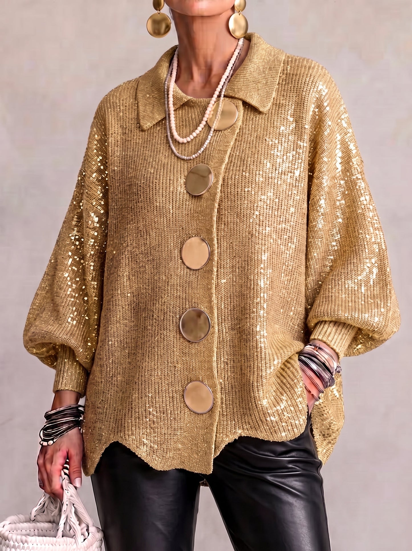 Collared Gold Button Oversized Cardigan