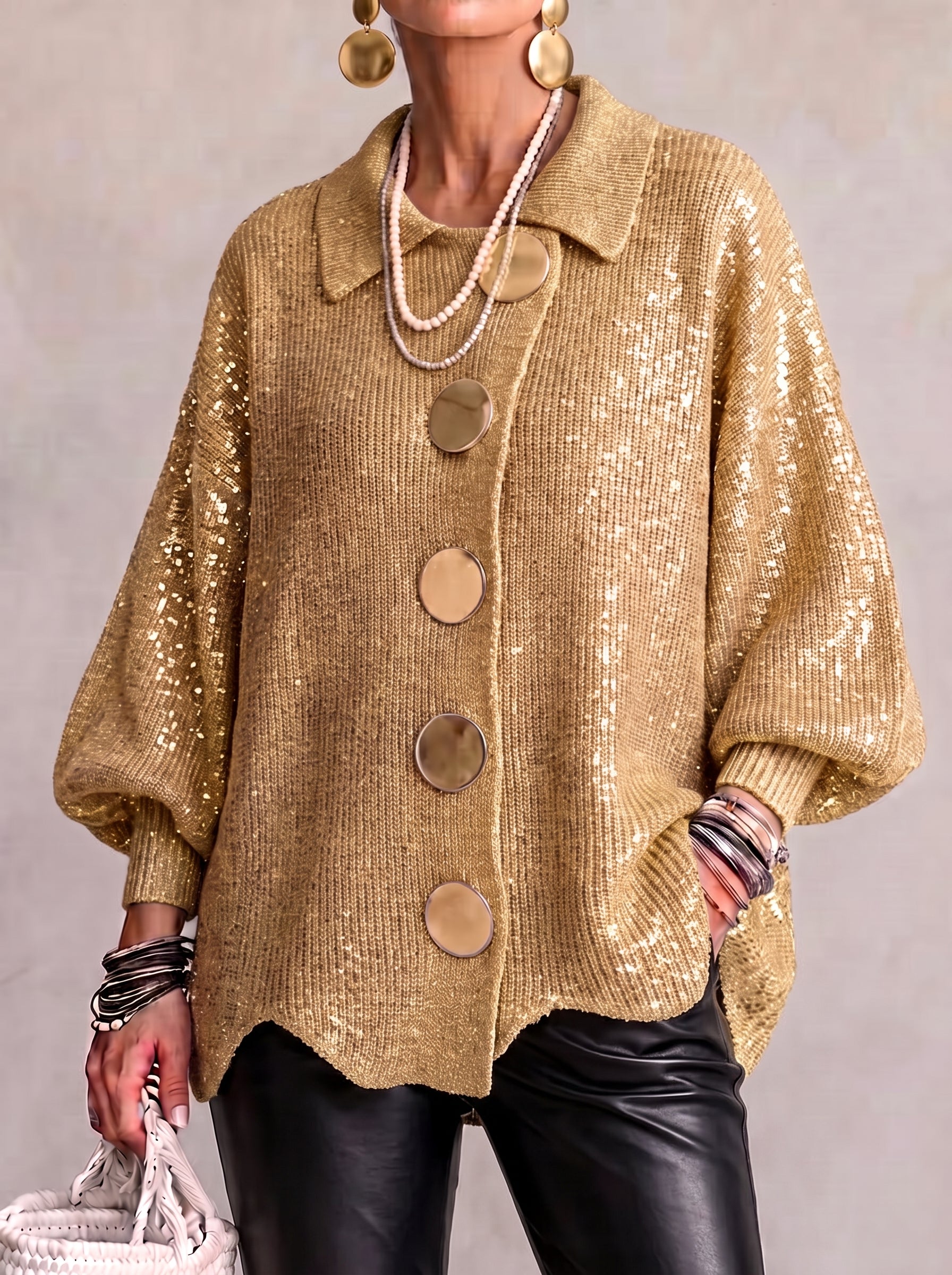 Collared Gold Button Oversized Cardigan