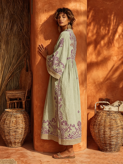 Mandarin Collar Long Sleeve Floral Boho Maxi Dress
