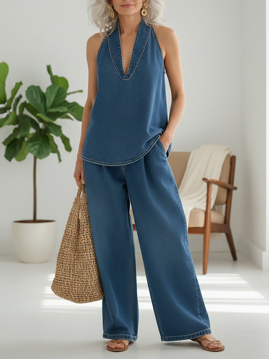 Solid Halter V Neck Wide Leg Set