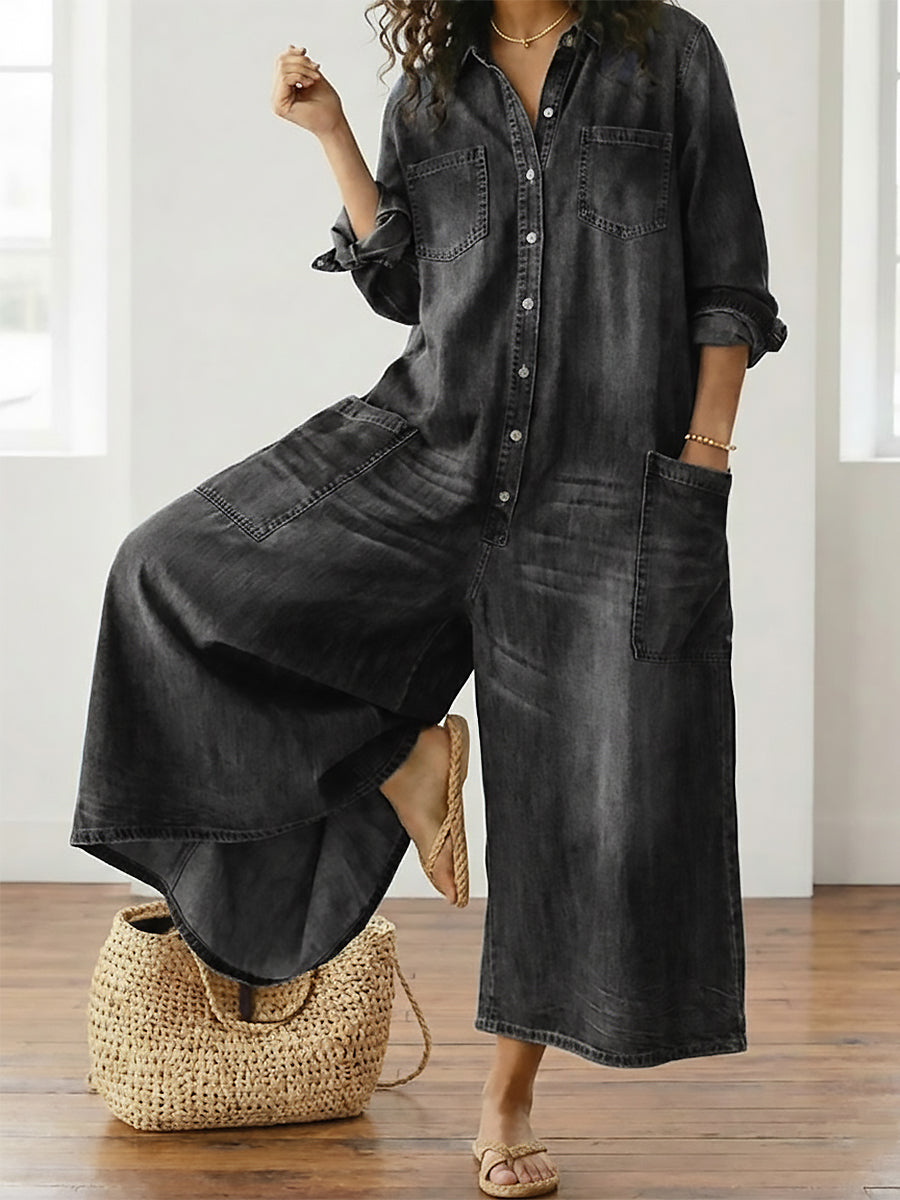 Washed Long Sleeve Button Front Jumpsuit