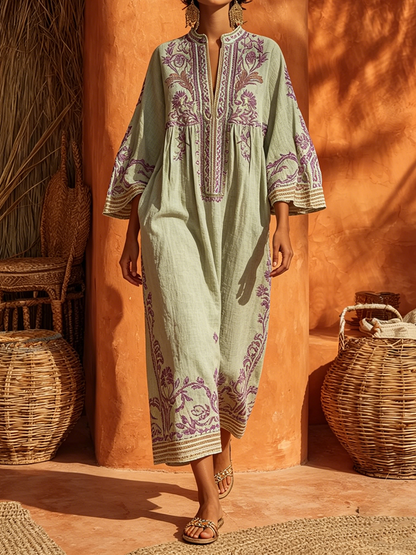 Mandarin Collar Long Sleeve Floral Boho Maxi Dress