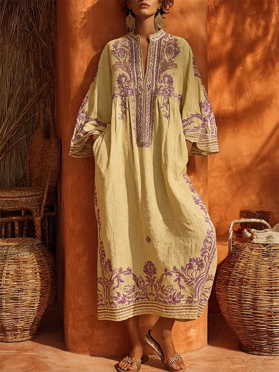 Mandarin Collar Long Sleeve Floral Boho Maxi Dress