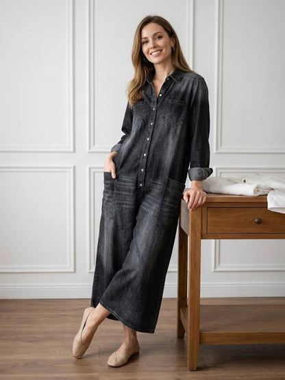 Washed Long Sleeve Button Front Jumpsuit