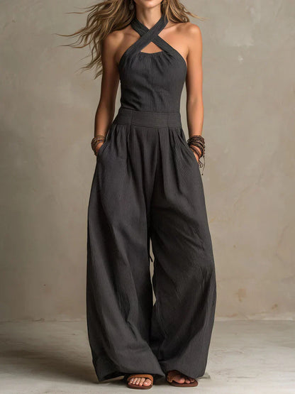 Sleeveless Crisscross Halter Neck Wide Leg Jumpsuit