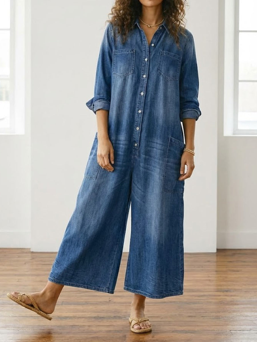 Washed Long Sleeve Button Front Jumpsuit