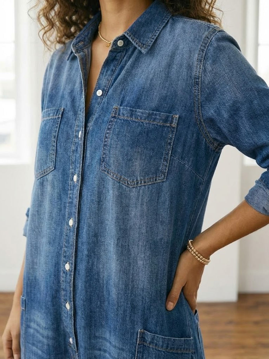 Washed Long Sleeve Button Front Jumpsuit