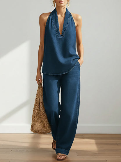 Solid Halter V Neck Wide Leg Set
