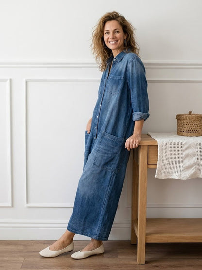 Washed Long Sleeve Button Front Jumpsuit