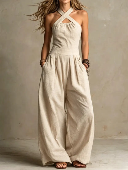 Sleeveless Crisscross Halter Neck Wide Leg Jumpsuit