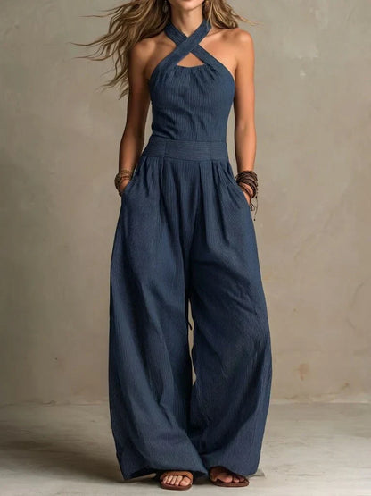 Sleeveless Crisscross Halter Neck Wide Leg Jumpsuit