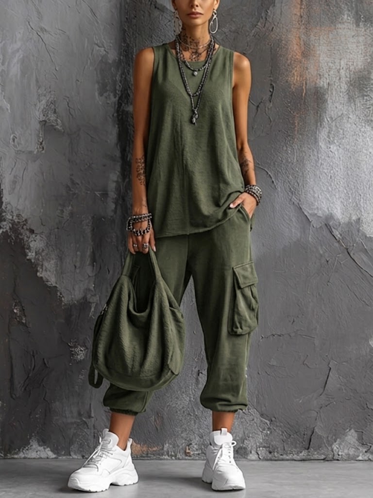 Women's Round Neck Sleeveless Tank Top and Cargo Trousers Loungewear Set