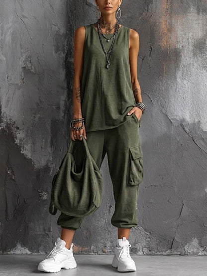 Women's Round Neck Sleeveless Tank Top and Cargo Trousers Loungewear Set