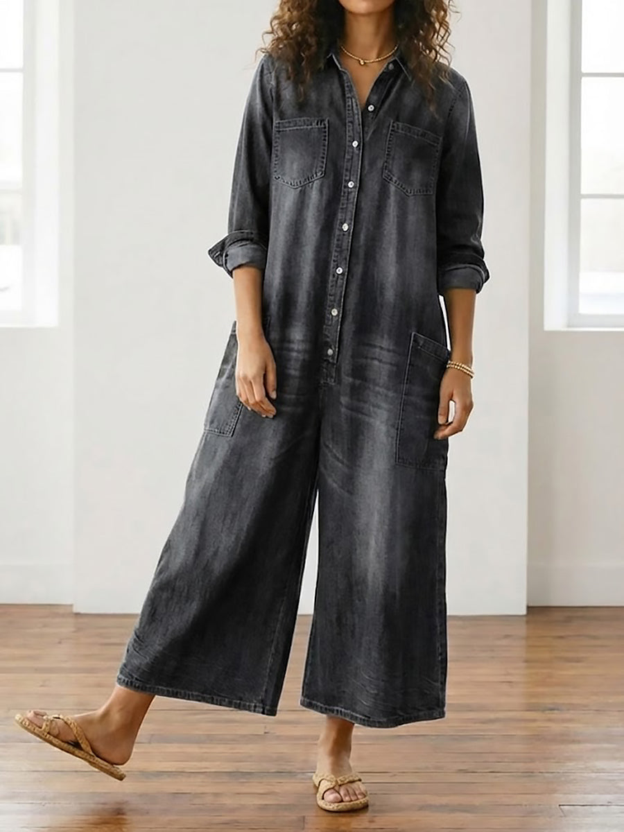 Washed Long Sleeve Button Front Jumpsuit