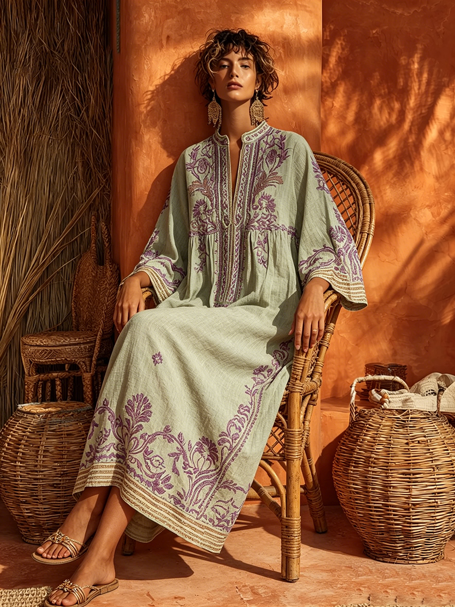 Mandarin Collar Long Sleeve Floral Boho Maxi Dress