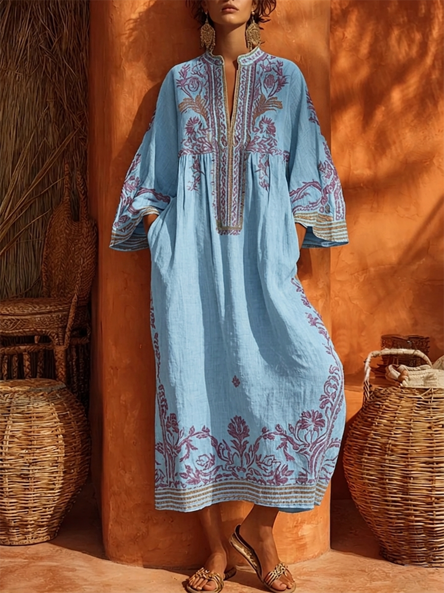 Mandarin Collar Long Sleeve Floral Boho Maxi Dress