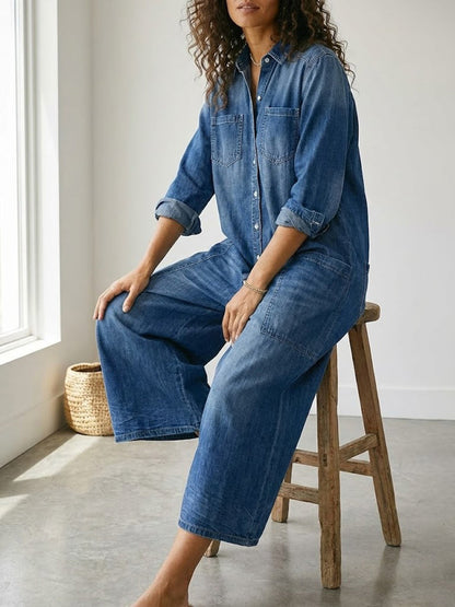 Washed Long Sleeve Button Front Jumpsuit