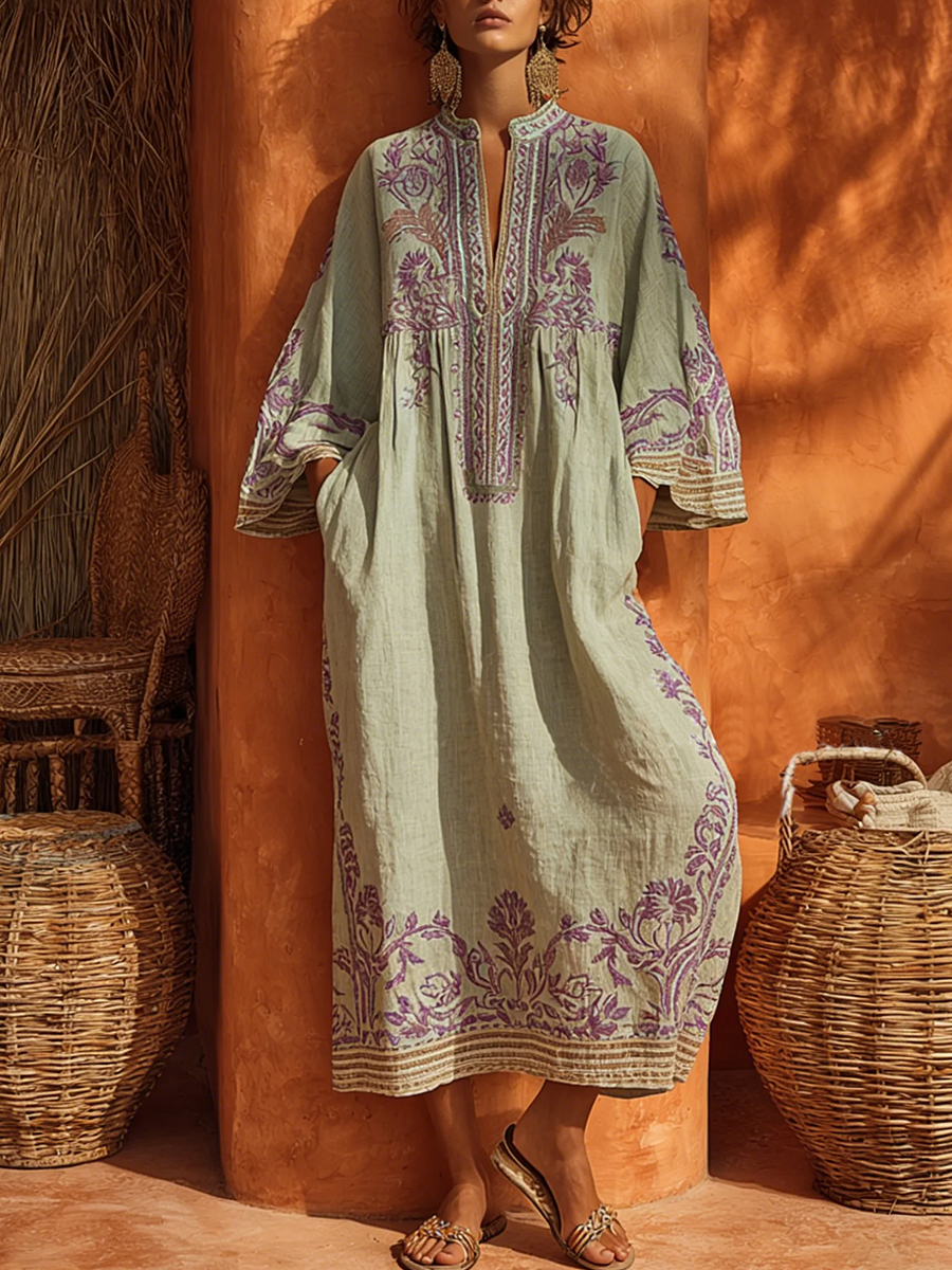 Mandarin Collar Long Sleeve Floral Boho Maxi Dress