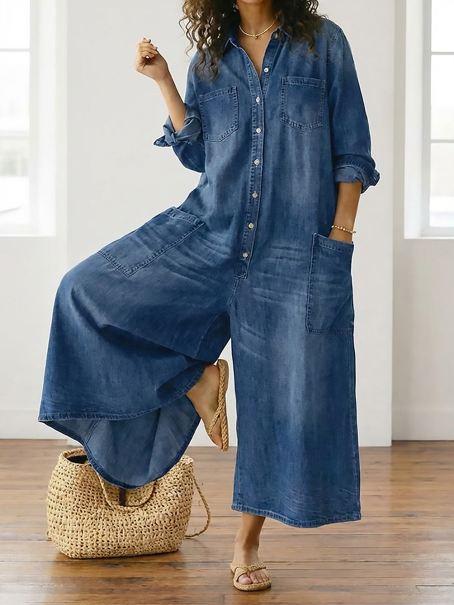 Washed Long Sleeve Button Front Jumpsuit
