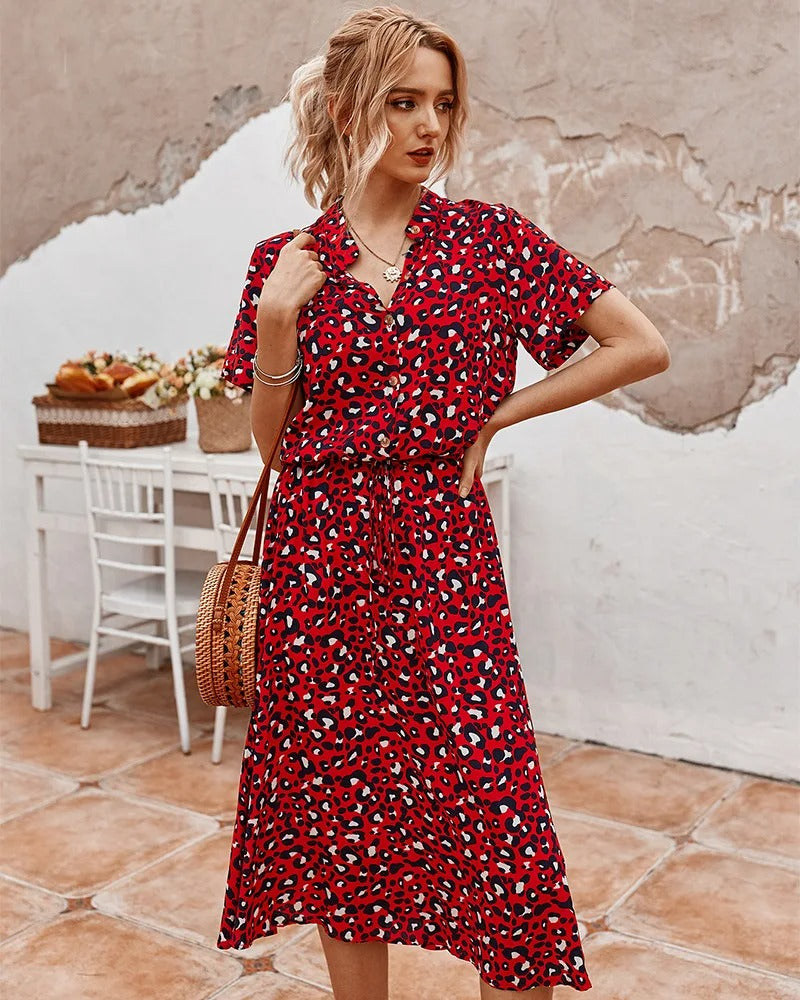 Printed Short Sleeve Drawstring Waist Dress