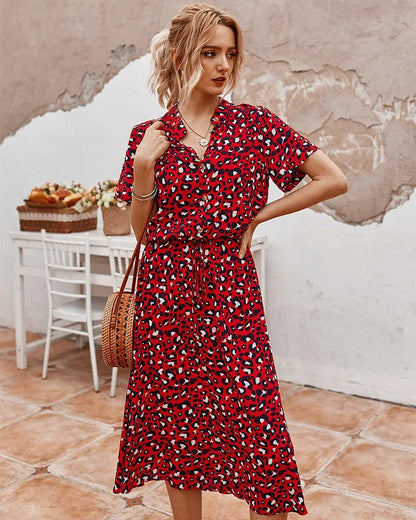 Printed Short Sleeve Drawstring Waist Dress