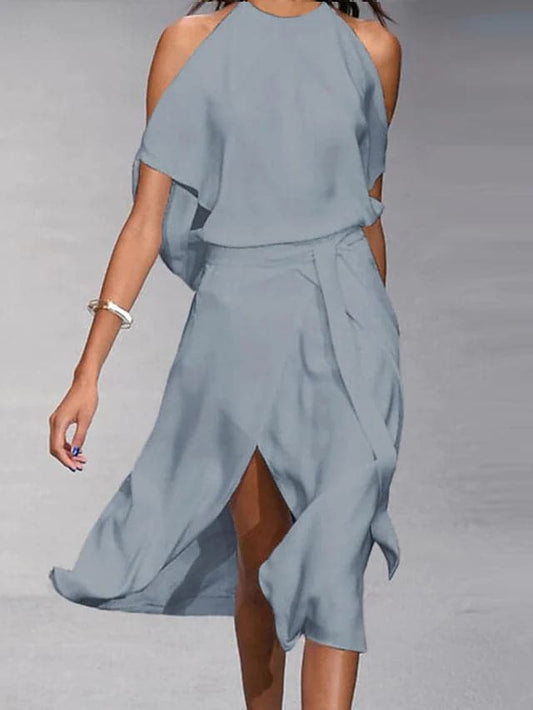 Halter Draped Belted Slit Midi Dress