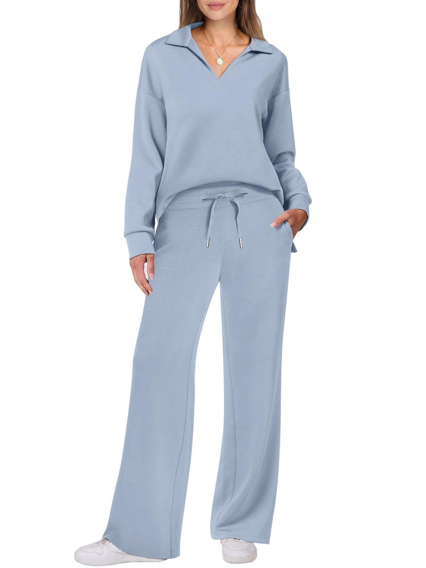 Women's V-Neck Long Sleeve Loungewear Set with Wide Leg Trousers