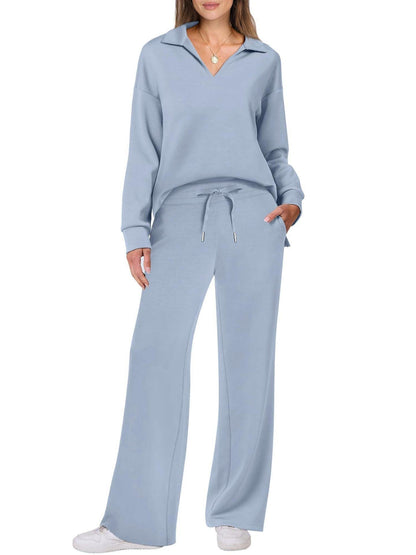 Women's V-Neck Long Sleeve Loungewear Set with Wide Leg Trousers