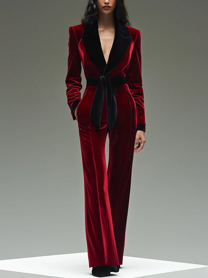 Lapelled Tied Fitted Pocketed Wide Plunging Jumpsuit