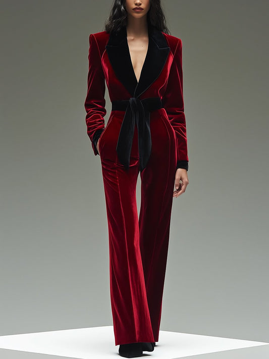 Lapelled Tied Fitted Pocketed Wide Plunging Jumpsuit