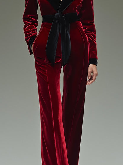 Lapelled Tied Fitted Pocketed Wide Plunging Jumpsuit
