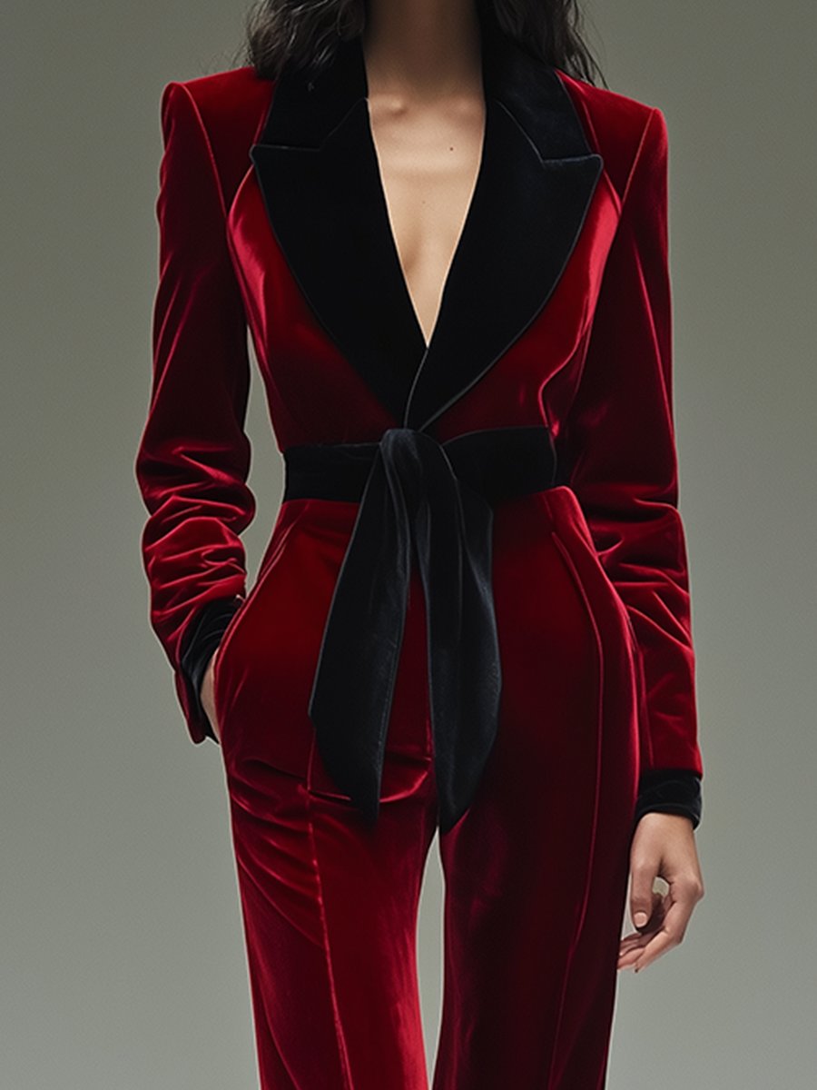Lapelled Tied Fitted Pocketed Wide Plunging Jumpsuit