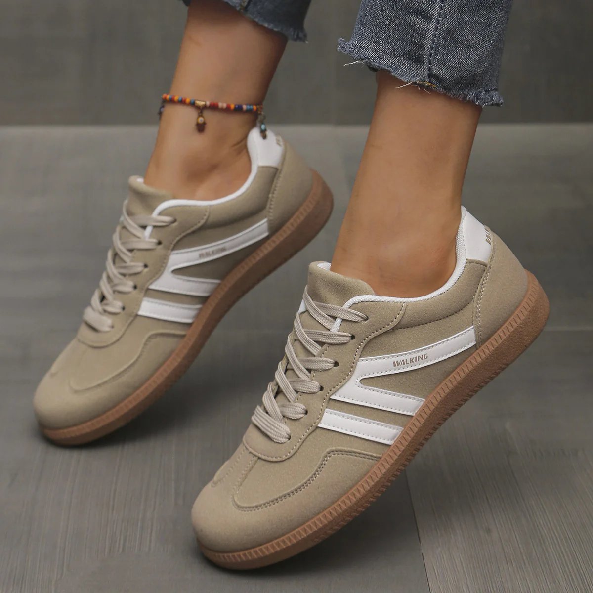 Low Top Lace Up Paneled Round Toe Flat Sneakers