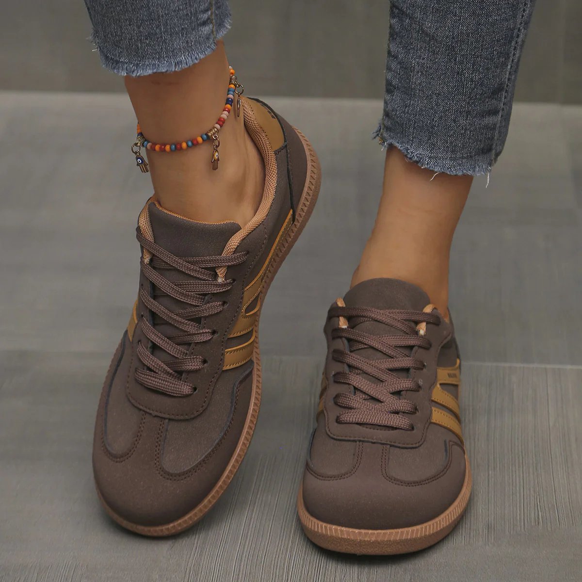 Low Top Lace Up Paneled Round Toe Flat Sneakers