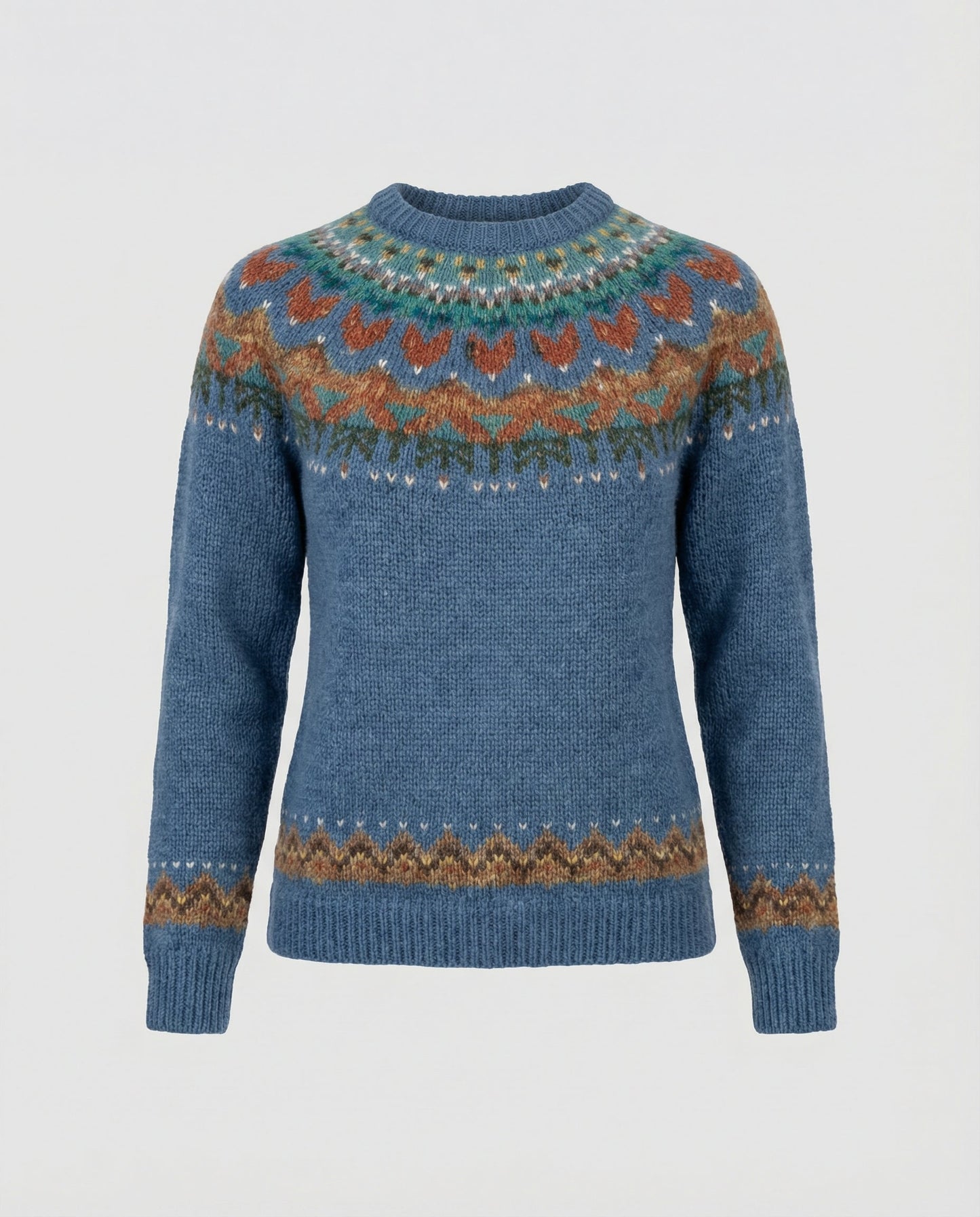 Patterned Yoked Ribbed Cuffed Round Long Sweater