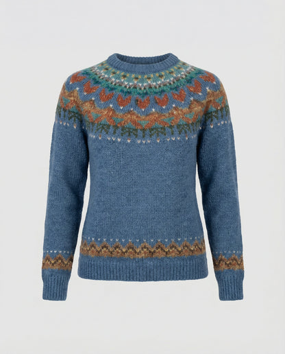 Patterned Yoked Ribbed Cuffed Round Long Sweater