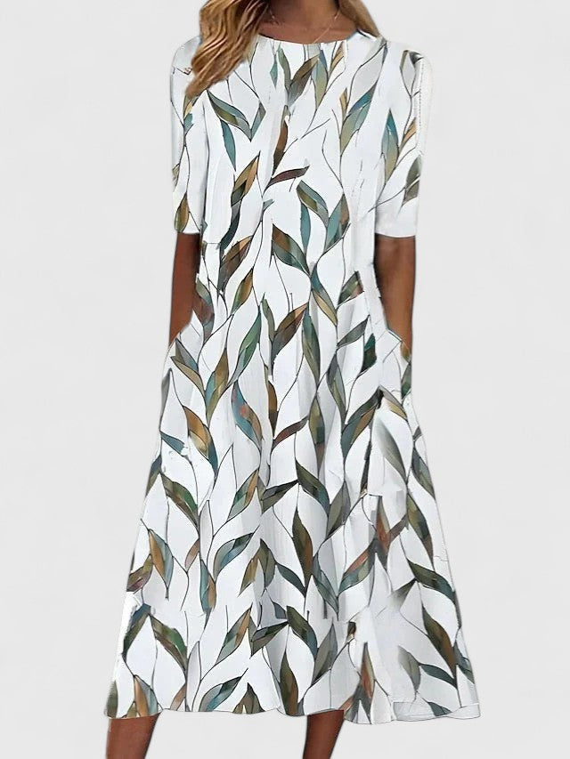 Short Sleeve Crew Neck Botanical Print A Line Dress Midi