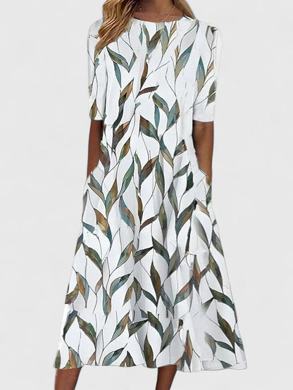 Short Sleeve Crew Neck Botanical Print A Line Dress Midi